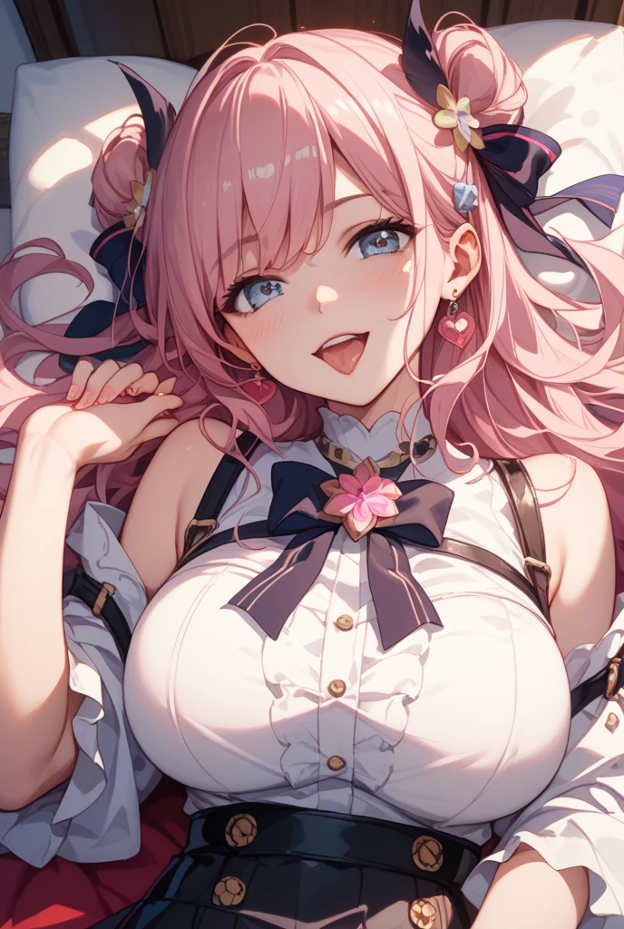 ((A Pretty girl with pink hair and blue heart eyes lying on the bed)),heart shaped pupils ,breast focus(see through),beautiful breasts, ((wearing white hoodie)), ((cat ears)), ((heart sign)), Baby face, ((master piece, top-quality, ultra-definition, high resolution)), anime girl, ((ultra-detailed illust:1.2)), only one person, bangs, hair between eye, beautiful hair, Shiny eyes, Medium breasts, thighs, Big smile, opened mouth, in the bedroom