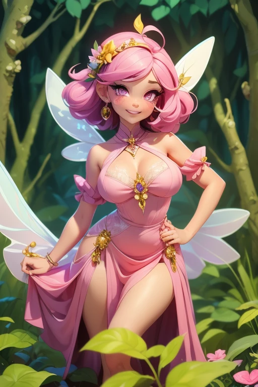 a 30 year old motherly fairy with a borderline giant and stacked build with perky breasts that have unusually coloured nipples who wears an open top and specifically cuts pants out to show their genitals, they have short hair and a irish accent - they're commonly described as being a big jerk and sweaty