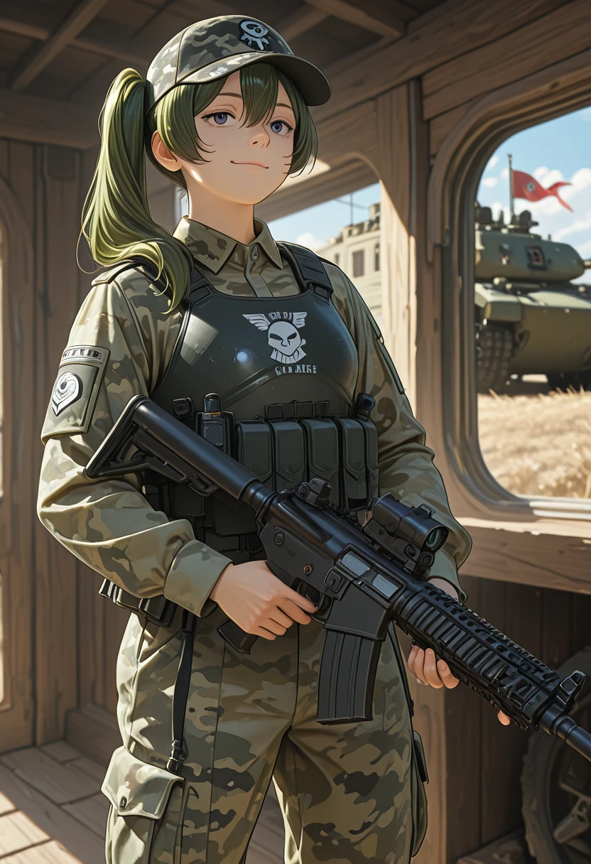 ((Armored tank, tank)), beautiful woman in military uniform next to tank,(Woman in military uniform)