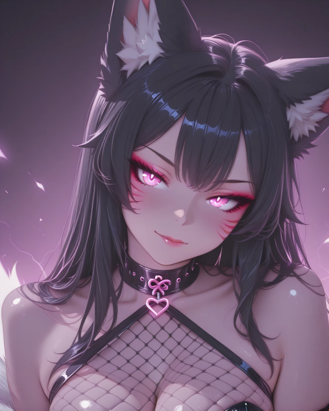 of the highest quality,detail,Red Eyes,1 girl,Beautiful face,yandere,Crazy,Black hair with purple inner color,tusk,bustier,broken glass filter,Full body,foreshortening,