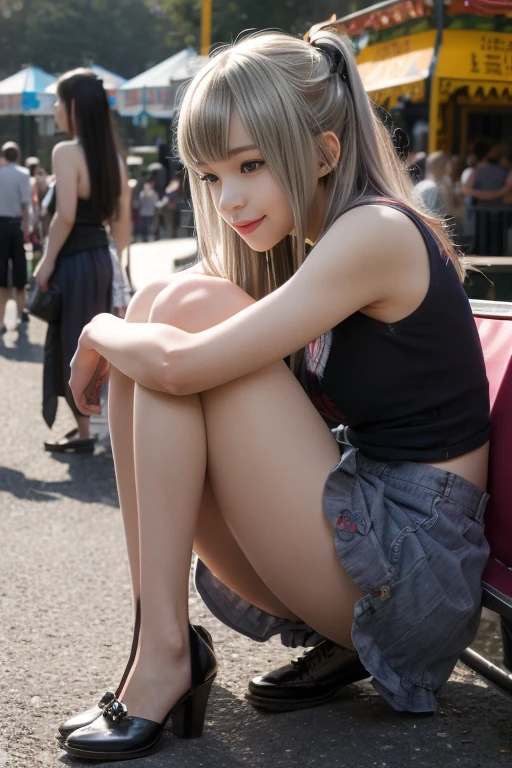 (Raw photo:1.2), (Photorealistic), Beautiful detailed girl, Very detailed eyes and face, Beautiful detailed eyes, Huge file size, High resolution, Very detailed, Best Quality, [masutepiece:1.6], Illustration, Very detailed, Fine detail, Best Quality, 8K Wallpaper, Movie Lighting, Japan's 15-year-old bad idol, Grinning, Scary eyes, Blonde long hair,  white tank tops,  Black miniskirt, redribbon, Squatting with legs spread on the street, White panties are visible, Slim Boti, Immature body, Young Face, Smaller chest,  Black boots, On the streets of Tokyo, Signal