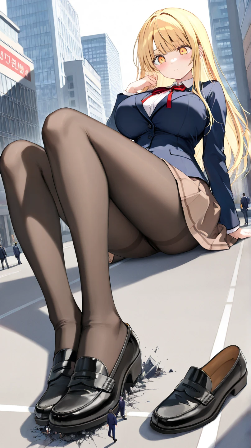 In a bustling city park, a giantess sits cross-legged, her towering figure surrounded by normal-sized people enjoying a sunny day. Children play at her feet, using her legs as makeshift slides, while adults sit nearby, basking in her protective presence and the sense of wonder she brings.