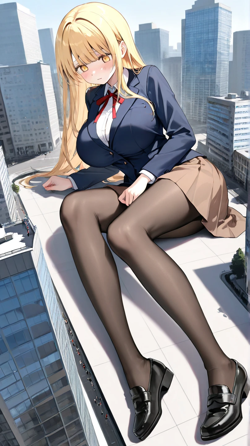 (photorealism:1.2), giant, giantess art, Sky View, giantess, Have a pair of ultra long legs, crushing a with heels skyscraper ,many people in street, a pair of huge breasts, curvy, dark grey pinstriped suit,white tailored shirt, massive red tie, Has ginger waist-length hair,Wearing a pair of platform heels, leaning over tie hanging down, massive tie larger than a skyscraper, A look of enjoyment, Beautiful appearance,very small metropolis, Trying to destroy a miniature metropolis, Full body depiction, nffsw, Giga Giants, Exquisite makeup,quality, Cinema lighting,film grain,8k,textured skin,Super details,high detail,high quality,high resolution, smile