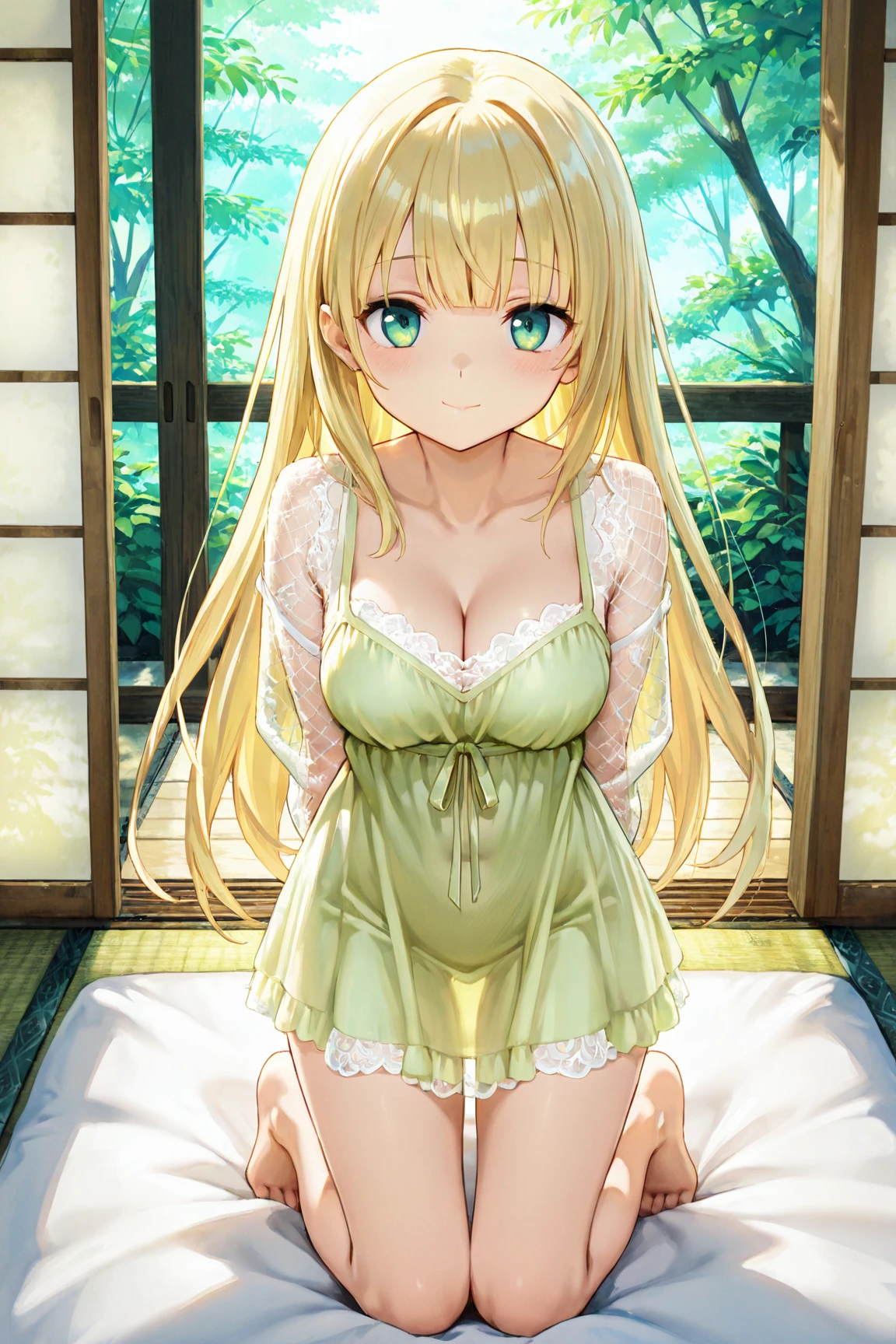 ((best quality)), ((masterpiece)), (detailed), perfect face, perfect budy, 1girl, yellow long hair, green eyes, ((red camisole)), ((see-through)), ((frilly camisole)), Seeing the girl from the front, showing her boobies and nipples, the girl in middle of bedroom and windows from hotel show the city in night in background
