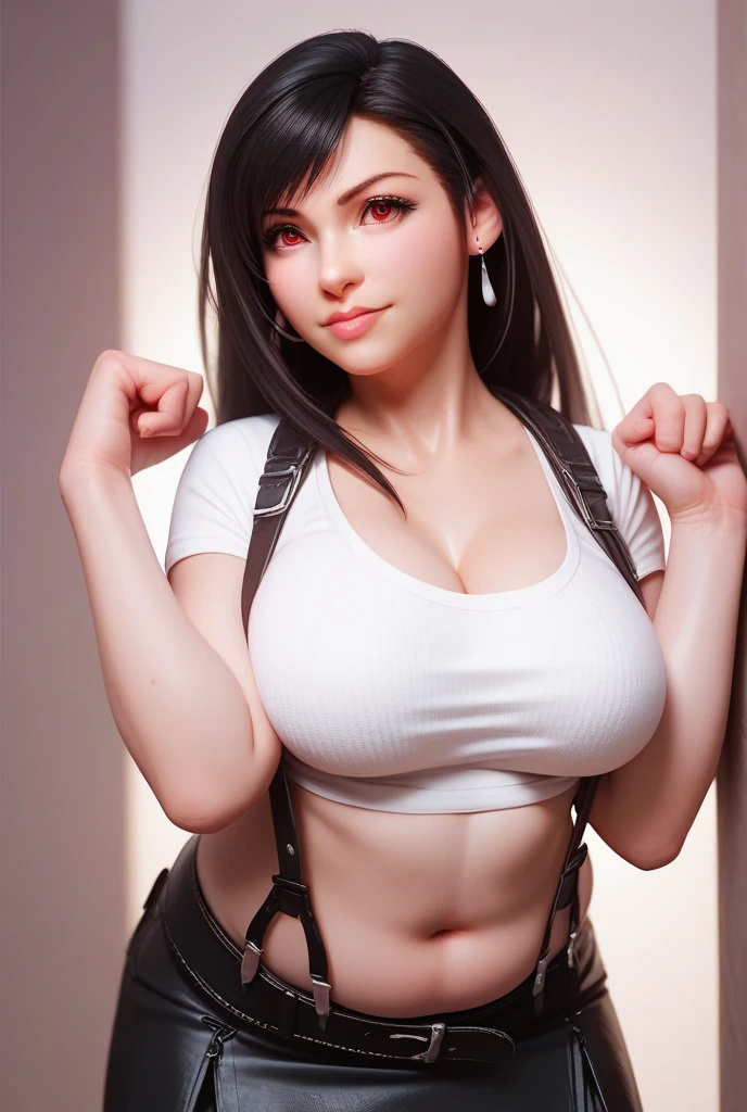 masterpiece, best quality,3d rending work ,3DMM style,close-up, 3D,1girl, solo, black hair, teardropshaped earrings, realistic, upper body, (urban city background), bangs, long straight black hair, parted lips, choker, makeup, (white tank top:1.3), red eyes, tifa lockhart, (huge breasts:1.5) enormous droopy breasts, macromastia, cleavage, exposed stomach, toned abs, toned arms, black miniskirt