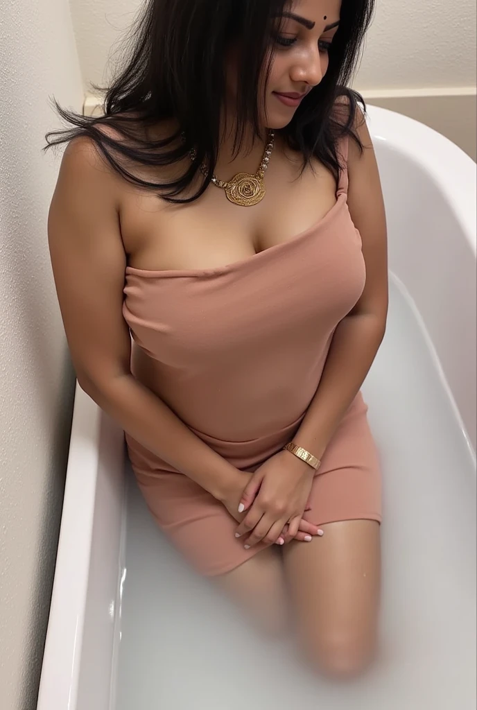 A 18 year old hot Indian girl has hourglass figure and she is taking bath in bathtub and she wear Ada dress she is opening her all clothes
