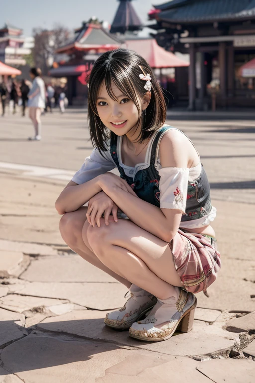 ((Highest quality)),  (detailed), A young Japanese man, school girl, in a train, sitting on a seat, (long seat:1.5), navy pleated skirt, spread legs, (exposured panties:1.4), panty pull, blush, (smile:0.8), embarrassed、Realistic