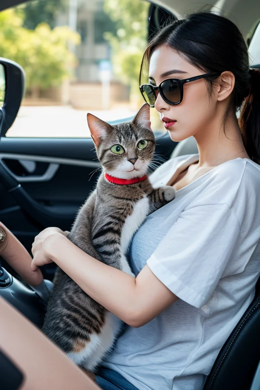 There is a cat in the cabin of the car