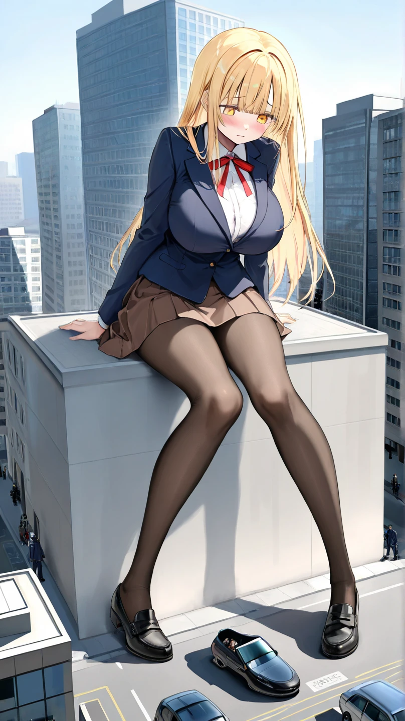 masterpiece, best quality, highres, blue eyes, serena \(pokemon\), 1girl, solo, thighhighs, long hair, hat, jewelry, bracelet, black thighhighs, collared shirt, pleated skirt, red skirt, sleeveless, high-waist skirt, sleeveless shirt, eyelashes, pink headwear, black shirt, eyewear on headwear, (full body:1.5), giantess, smile, (from below:2), (thick thighs:1.3), looking down at viewer, upskirt, character_pokemon_serena, gts, (large breasts:1.3), field, (looming:1.3), mature female, high quality, hd quality, masterpiece, photorealistic, stepping, shoe soles, close-up foot, intense angle, :), (Sitting on Building:1.6), very low angle, female pervert, toragao, licking lips, licking own lips, smile, (sitting:2), knee up, GTScity, giantess, city, buildings, perfect hand, black panties,