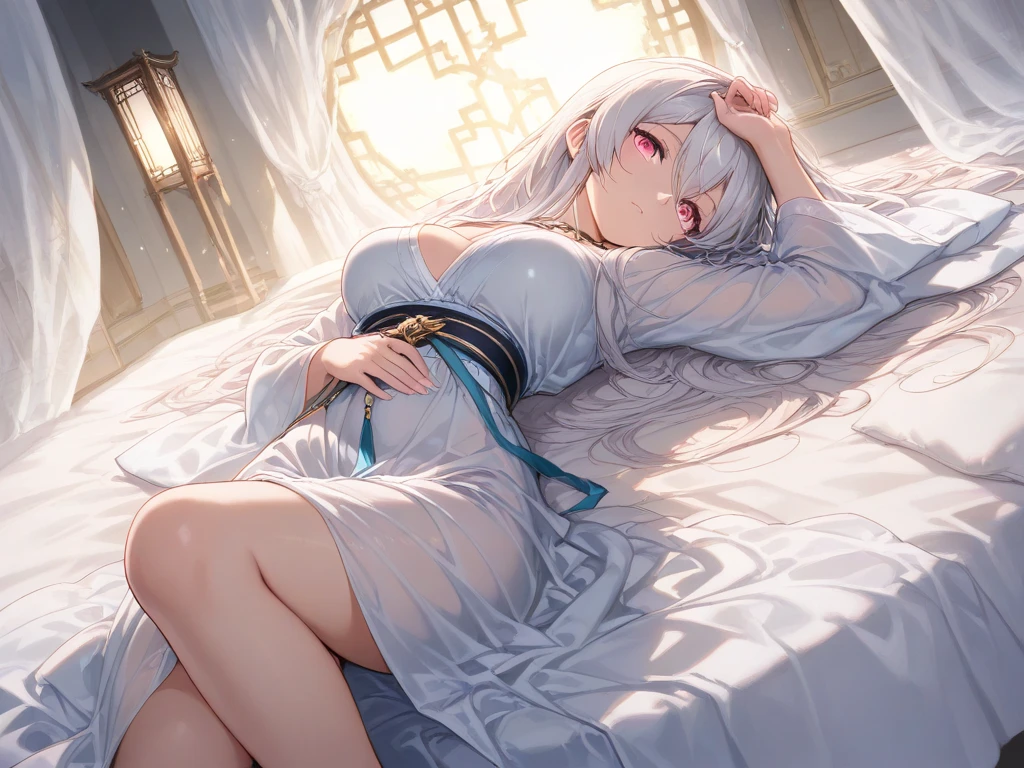 the night，messy rooms(Littered paper balls，Sleeping pet kicking away the quilt，Stacked books)，Moonshine came in，Glows on the side of the face，Shine on the side face of the sleeping girl，22 year old，realisticlying，She wears colorful Hanfu，A looming robe，Wide robe，Wide cuffs，Off-the-shoulder attire，One shoulder，Expose the lateral breasts，huge tit，Exposed cleavage，Extra-long hair，Color gradient for long hair(1.5)，Messy hair，Hair pressed under the body，Clothes are messy and scattered，I took off half of my clothes，Barefoot，realskin，realcumAI，Snow-white skin，Snow-white thighs，Top image quality，Extreme light and shadow，