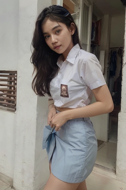 multiple girl, 2girls at foto, RAW, Best quality, high resolution, masterpiece: 1.3), Beautiful young java woman wearing blazeer, vurious pose, standing reading book, open legs, sensual body, big breasts, Best quality, high resolution, Masterpiece: 1.3, Masterpiece, ((At classroom with whiteboard)), highres, 4k, HDR, 3girls, photorealistic, realistic, big breasts, ((whole body)) turning away facial at viewer, closeup, faint smile, ((crop shirt)) and pencil skirt with sneakers