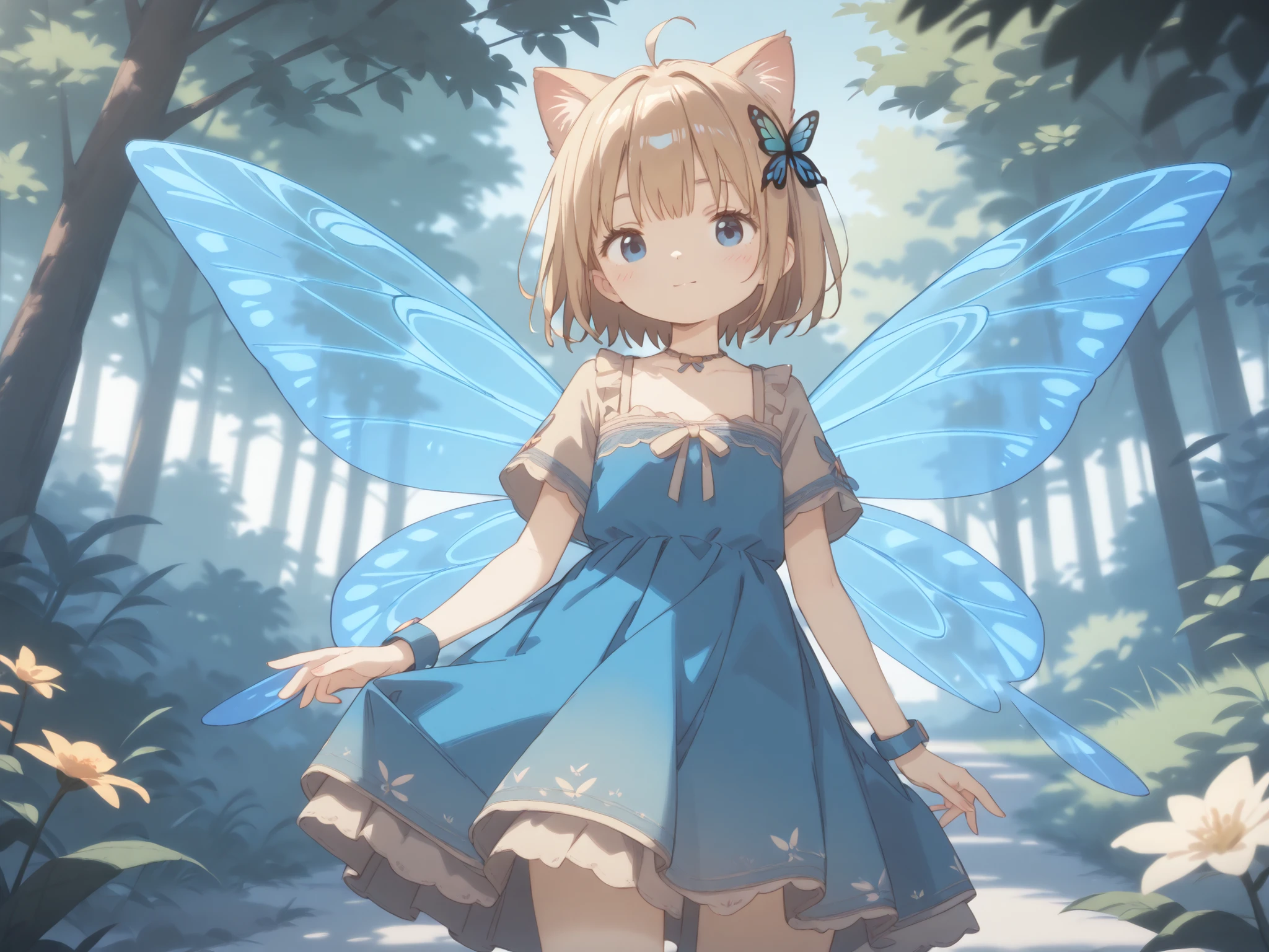 (masterpiece),(top quality),high score,hi-res,incredibly absurdres,Anime screencap,pastel color,Anime,、1 girl、、Juvenile body、face、Cat ears、cat tail、、 immature body、flat chest、Tranquil Forest、virgin forest、Butterfly Wings Ornament、Fluffy Dress、Fairy、Spirit