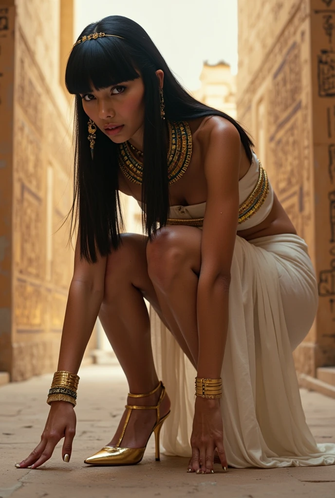 OldEgyptAI, (attraper son propre cul), Cleopatra, The Greeks, Queen of Egypt, Pharaoh, (Ancient Egyptian wig), (beautiful face and detailed eyes:1.2), yeux verts, black har, slicked back hair, coupe au bol, Peau claire, finely detailed skin, (Ancient Egyptian clothing), Habillage d’Égypte, beautiful gold necklace, earings, 1fille, bare, (Sitting on an ancient Egyptian throne:1.2), (Pyramids and desert in the background), best quality, (masterpiece:1.2), high quality, high resolution, (super detailed), (portrait), Photorealistic, 4K, ultra HD, insanely detailed and intricate, high resolution, HDR, Extremely detailed CG, f2.8 lenses, (beautiful detailed background), detailed landscape,