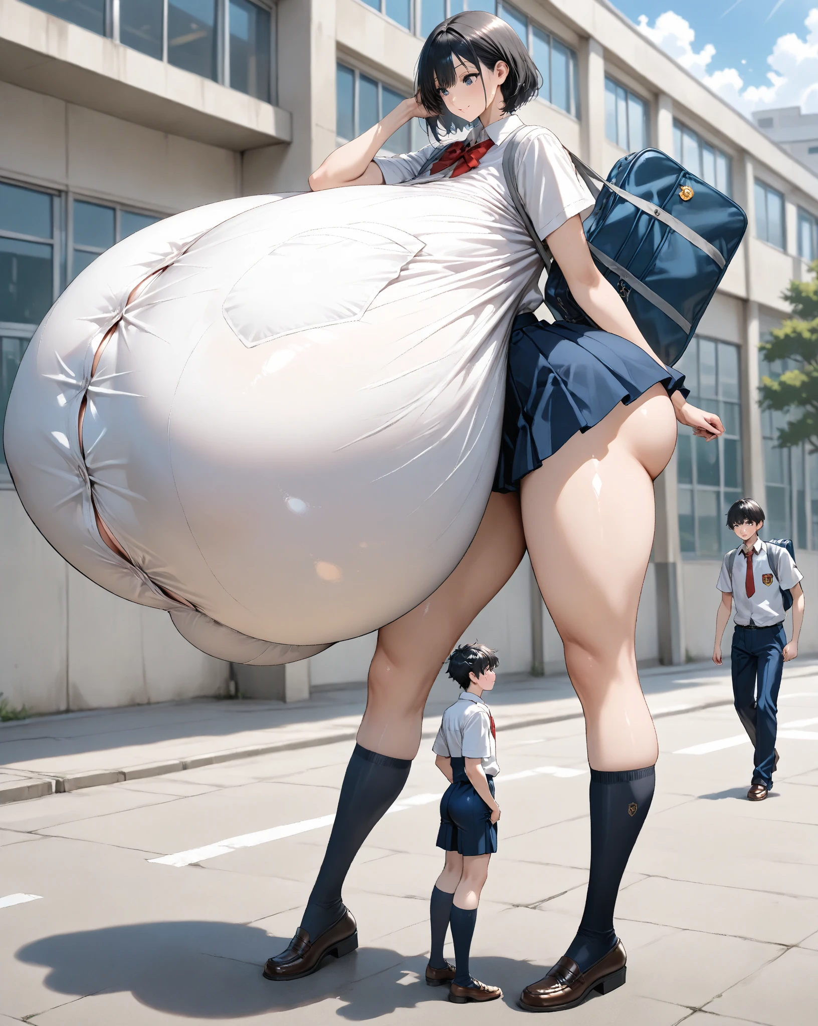, natural lighting, masterpiece, highly detailed, realistic, 8k resolution, high quality, aichan, city, pleated miniskirt, (lace panties:0.8), narrow waist, (cell vore), (tail vore:1.3), struggling, ass view, thigh highs, (schoolgirl crowd)