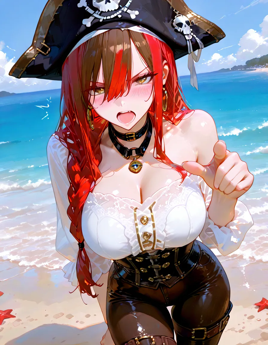 ((Masterpiece, top quality, high resolution)), ((highly detailed CG unified 8K wallpaper)), (huge stunning goddess shot, very hot and sexy, jaw-dropping beauty, perfect proportions, beautiful body, slim body beauty:1.1), Female pirate with torn coat and harness wrapped around her, pirate hat with skulls painted on it, wavy red hair blowing in the wind, black eye patch, gripping the tiller wheel, smiling wryly, shaggy red hair, splashing water, cleavage, pistol in one hand, flintlock, in a stormy sea, leaning hull, heavy rain and wind, silhouette emerging from the backlight, seen from below,