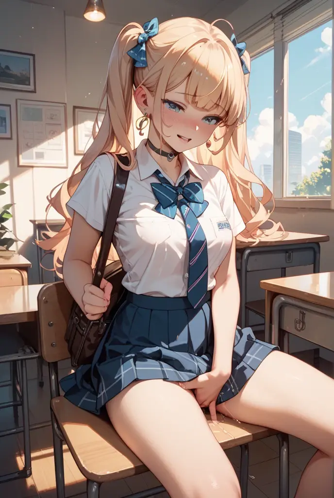 touch your skirt with both hands、Lift the skirt with both hands、Tuck up the corners of your skirt、((Pubic hair shows through))、(masterpiece:2.0)、(top-quality:2.0)、(hight resolution:2.0)、8K、(((JK school uniform)))、a miniskirt、pleatedskirt、shortsleeves、Navel、summer clothing、Classroom、Sunlight shines through the window、with a flushed face、a smile、crouching down、(pink color panties:2.0)、(I can see panties:2.0)、(((Midday Shiina)))、flaxen hair、white shirt、very short skirt、((Black knee socks))、(((lift the corners of the skirt with both hands)))、Flip the skirt、Sitting at a desk、(Angle from below)、(((huge-breasted)))、(((G Cup)))、(pointed nipples:1.8)、no-bra、(Panty Exposure:2.0)、(Spread your legs apart:1.5)、(Spread your crotch:1.5)、opening legs、(My panties are tight in my pussy.:1.8)、(Panties are tucked into the female genitals:1.8)