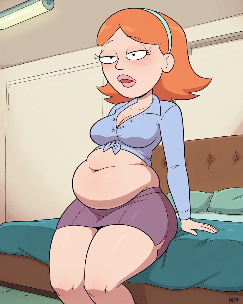 One girl with long length orange hair and green eyes and One boy with brown hair, One girl with long length orange hair and green eyes and one boy with brown hair only. Girl, long length orange hair, green eyes, buck teeth, smiling, blushing, hearts surrounding her, naked, big breasts, massive fat belly, facesitting. Boy, brown hair, blue eyes, naked, sexy body, letting girl facesit on him, cuerpo completo, High resolusion.
