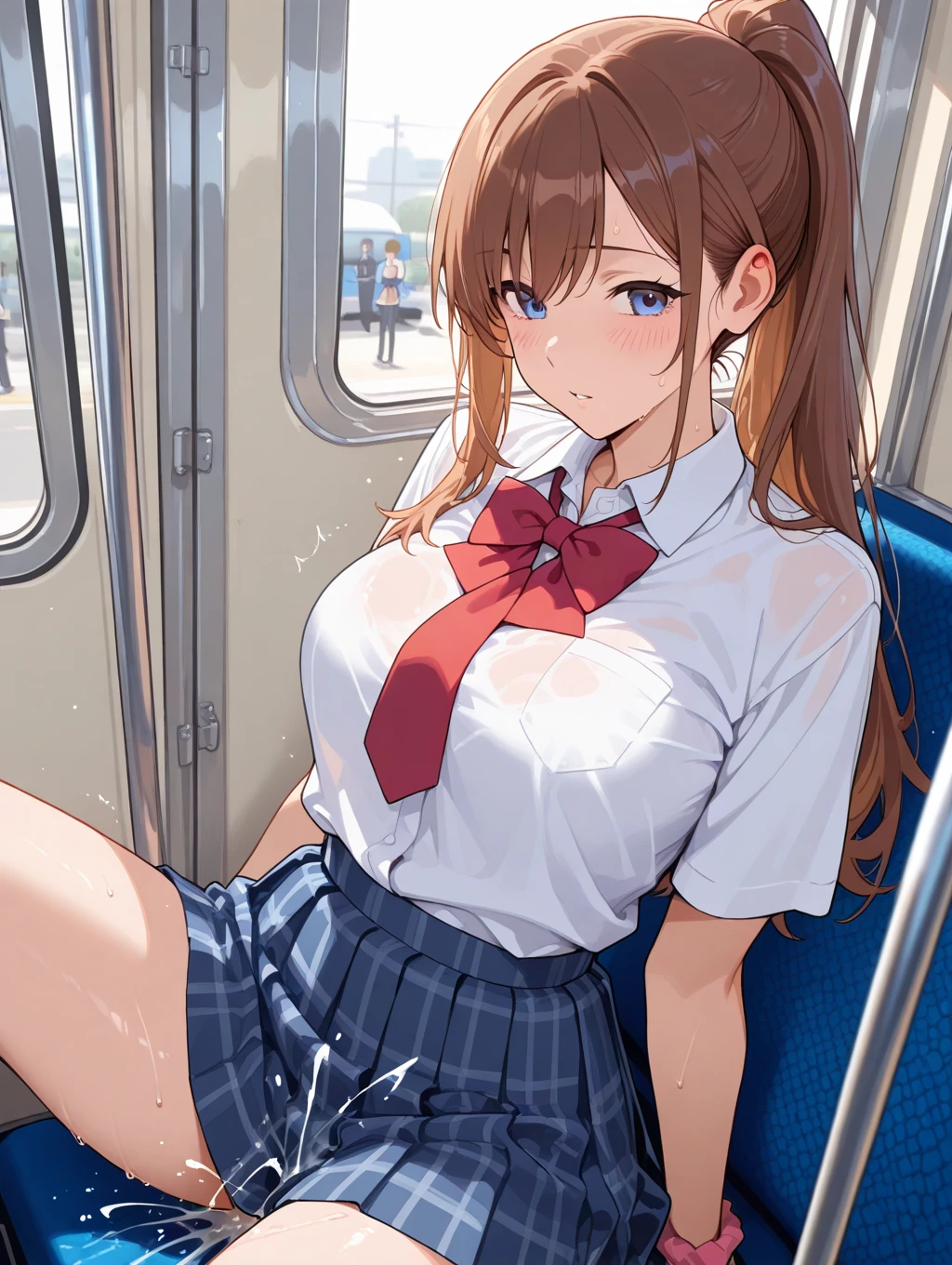 debris flieasterpiece、highest quality、Super detailed、High resolution、High resolution、8K portrait、Unity 8k壁紙のHigh resolutionCG、unity 8k wallpaper、cute:1.5、:1.5、Highly detailed CG unity 8k wallpaper、realistic、real person、cute、 portrait photography、shiny skin、High resolution、brown semi-long hair、(16 years old:1.2)、(1 girl)、(Inside the train:1.6)、(school uniform:1.2),perfect face, seriously, (blush:1.5),(((clothing lift:1.5))),((I have nipples:1.5)) (medium chest:0.8), Detailed description vagina,show vagina,spread legs,spread ,((vaginal orgasm:1.5)),(headphones on neck),((get your knees up:1.5)),((grab knee:1.5)),((open your legs:1.5))