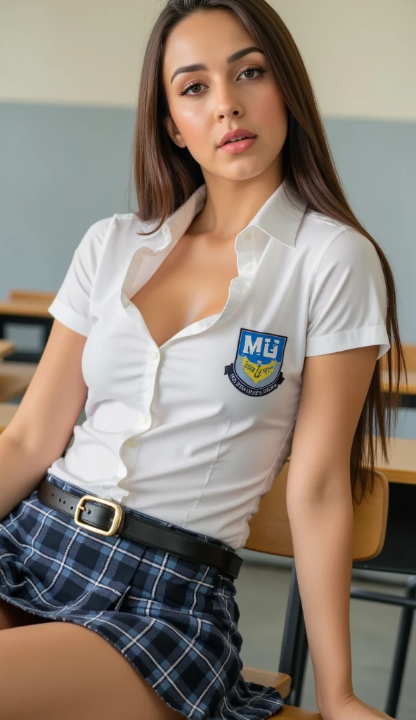 1girl, (uniform_doodle, doodle), Open the buttons on her shirt and reveal her cleavage, outdoors, detailed face, detailed eyes, big natural breasts, hard nipple, can see her nipples, shiny skin, wearing sexy transparent bra, sexy bra, mini skirt, sexy skirt, looking at the audience, (laughing cute: 1.2), (happy), (8k, RAW photo, best quality, masterpiece: 1.2), (realistic, realistic: 1.37), ultra-high resolution, getting wet all body, all body wet