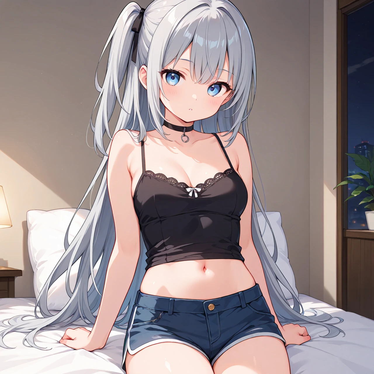 girl, long blueish gray hair, blueish gray eyes, big boobs, big butt, big thighs, t-shirt, bed, tired, alone