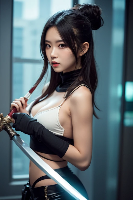 ((Ninja 1.3)),After the battle,(Torn Costume),Photo Real, whole body,mask, or period,Background Sen, Highest quality, Ultra-high resolution, depth, pastel colour, Natural Shading、Long Hair, Black Hair, Brown, narrow eyes, Black Dress, gloves, Anatomically correct,night,city