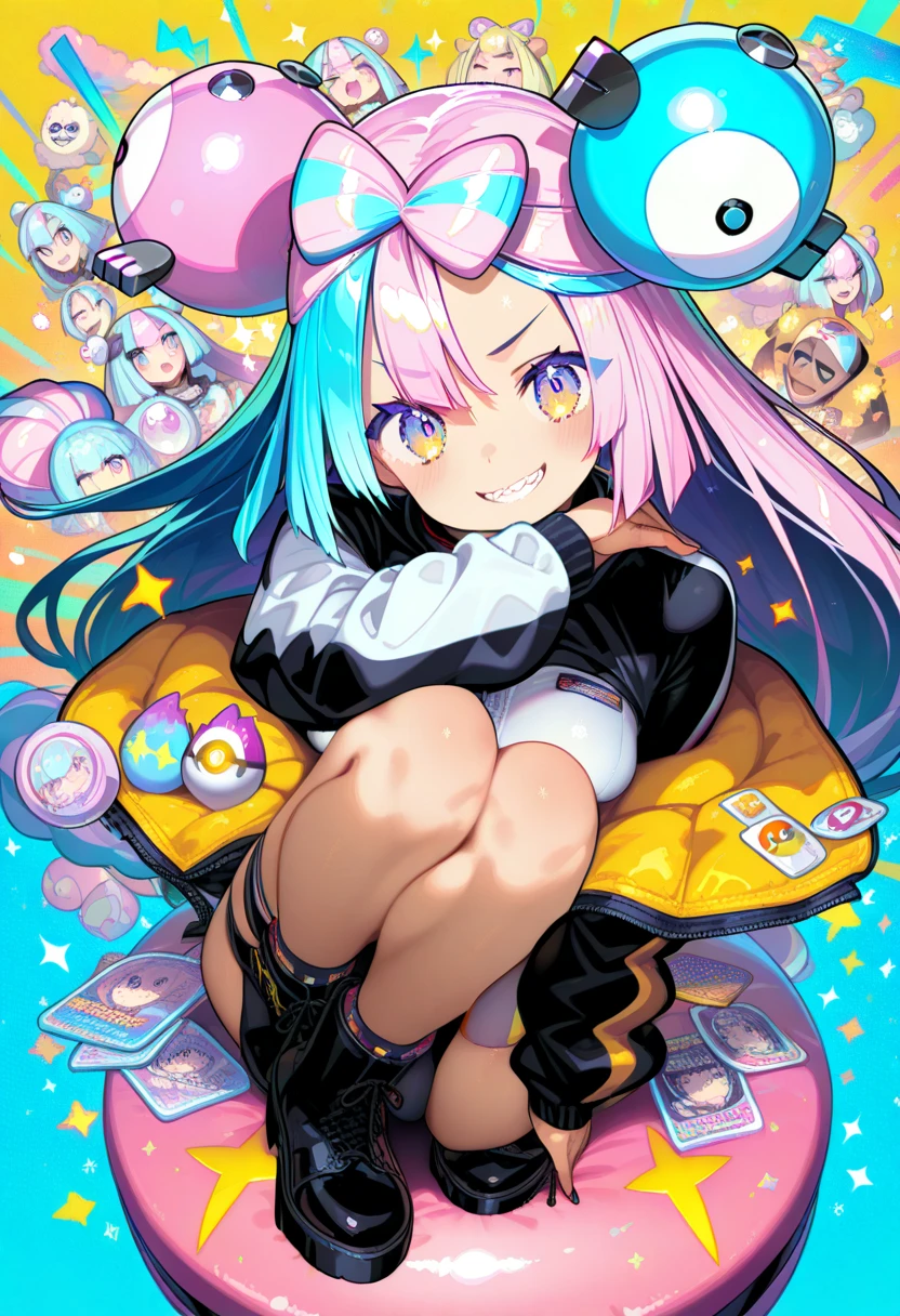 best quality, incredibly absurdres, extremely detailed, 2.5D, delicate and dynamic, chibi, cute girl, wearing baggy clothes, sparkly and vivid color effects, background another dimension,アニメスタイル、