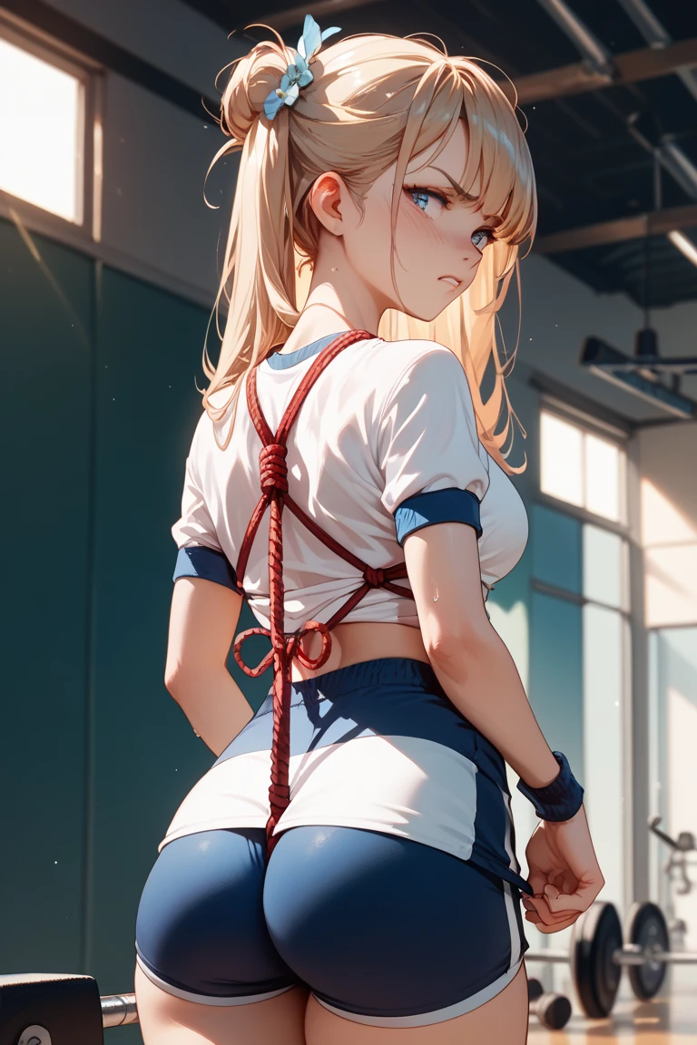 Meisterwerk, best quality, Hogtie, Beautiful girl, Girl Tied Up, blue jeans, Big butt, Ballknebel, Girl blushes, Girl lies on her stomach, viele Seile, Girl completely immobile, Girl helpless, Arms tied behind the back, Blick in die Kamera
