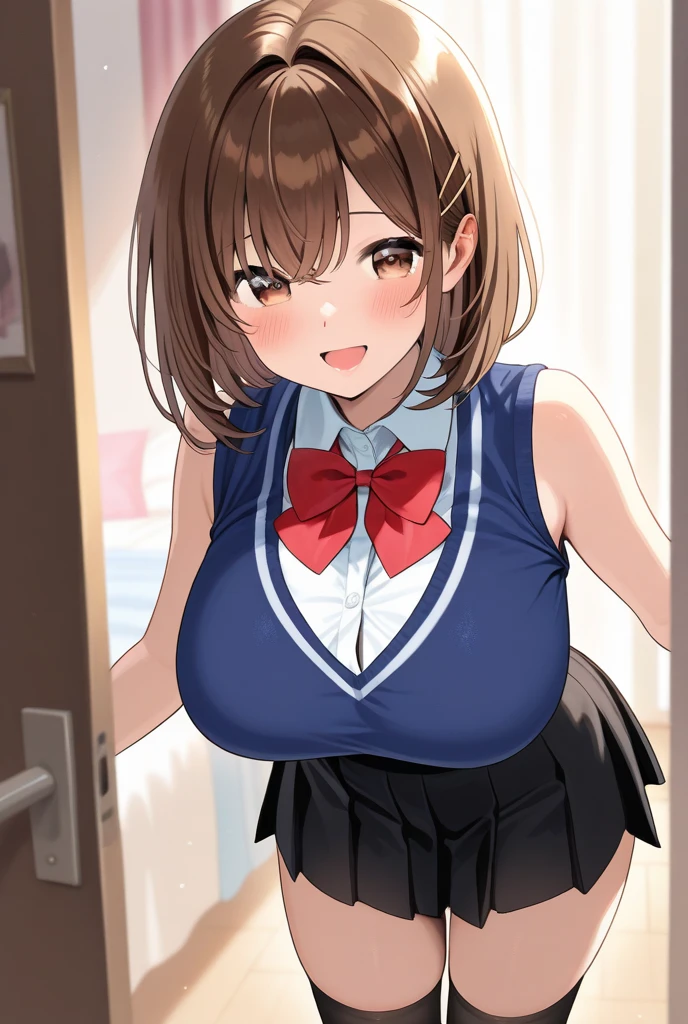 {{Upper part of the body, dutch angle}} 1girl, solo, Brown hair with short pigtails, voluptuous curvy body, interior, clothes, school background