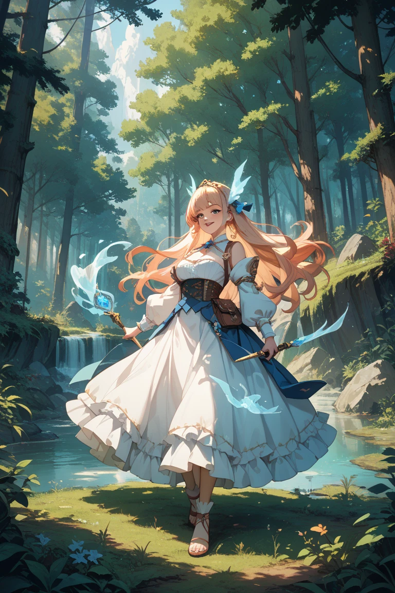masterpiece, best quality, 1 girl, solo, large breasts, long hair, golden hair, dark brown eyes, elf, forest, bathe in the lake, from between the trees, white babydoll, (wet:1.2), (sunlight filtering through the trees:1.2), (splash of water:1.2), dynamic angle