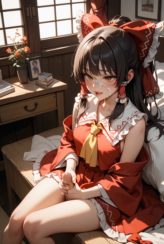 4k resolution, sharp focus, pixiv masterpiece, ((intricate details)), highly detailed, 1girl, thigh high, stripe bead necklace, black hair, ponytail, very long hair, ornamental clothing, tigerseye beaded bracelet, lying in bed, golden ratio, baby chicken pet,