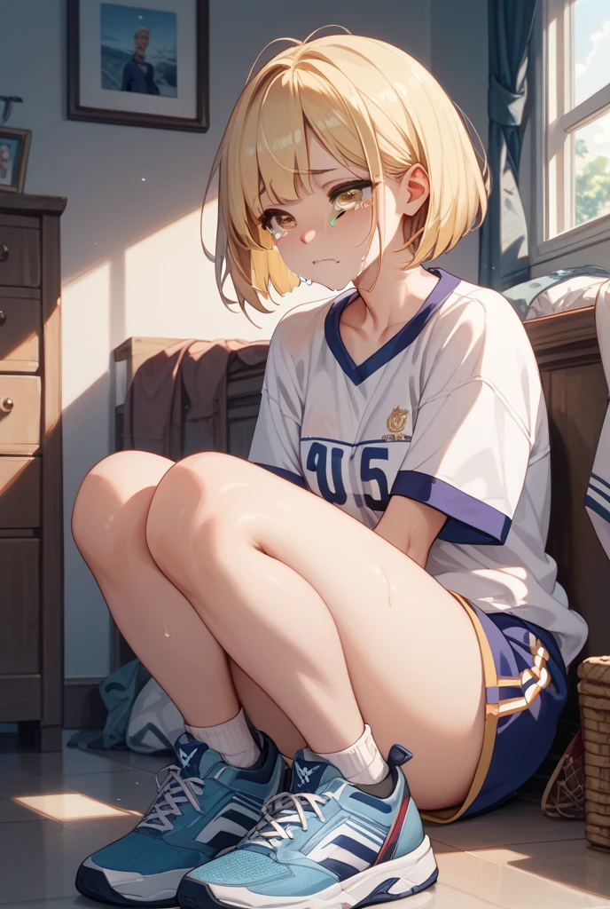 (masterpiece、Highest quality、Very detailed))、One girl、Blonde、Two Side Up、Light blue eyes、evil smile、((Small breasts))、((gym uniform))、black socks、wariza、((Sit flat))、Shoot from above、Gym storeroom