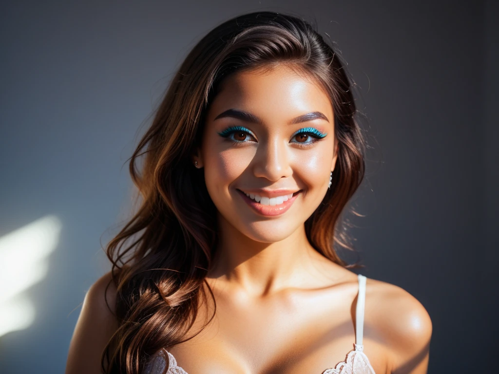 ((Tamhwx woman)),highest quality, epic realistic, ((in the pitch black darkness :1.4)), ((portrait:1.5)),(background: dark ) high contrast ,glorious picture, lowest lux, lighting face, she's comfortable, wearing lingerie, looks incredible, (8k, Raw photo, Highest quality),(epic realistic:1.5), a woman, face,(detailed eyes:0.8),(looking at the camera:1.4), (Highest quality), ( high contrast, deep shadows),Intricate details,cinematic,((skin:1.4)), (long dark hair:1.3), long hair, messy ,(Hdr:1.5),Detailed, colors, Superior quality, Masterpiece, Raw Photo (20-year-old, looking at viewer), beautiful, (wearing underwear,), perfect, natural, perfect composition, portrait, perfect face, smiling expression, Captivating eyes, Bright details, Tight lips, (High Skin Detail),, (blue tint: 0.6), (sale: 0.8), (bloody: 0.7), Key lighting , (backlight: 0.5), Medium depth of field, Canon 5d, 50mm lens, f/4 apertures, (Ultra-detailed, Complex detail), sharp focus, soft colors, 8k, Absurd, 80mm, dark background, photography, smiling, medium ,