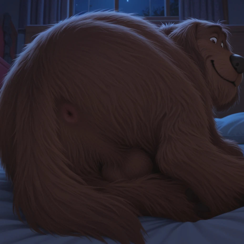 giant teddy bear, collar, naked, muscular, nsfw, sheath, balls, penis sticking out, anthro, male, smiling, athletic, dark scary bedroom, dominant expression, detailed, realistic, photorealism, leer, about to fuck me, ((canine penis)), leaning over on the bed, crawling on the bed toward me, taker POV, nighttime, night, dark and scary, red glowing eyes