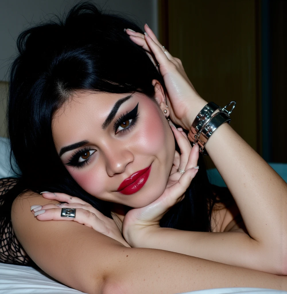 frontal photograph 24 year old australian girl, long jet black hair, 4k quality, human realistic quality, Eye for extreme detail, masterpiece, on top of the bed wearing a christmas outfit, a beautiful woman, posing for a picture, looking aroused, stockings, red lips, depth of field, close up shot of her face and cleavage, black hair dark Eyes, , nice ass, full body view