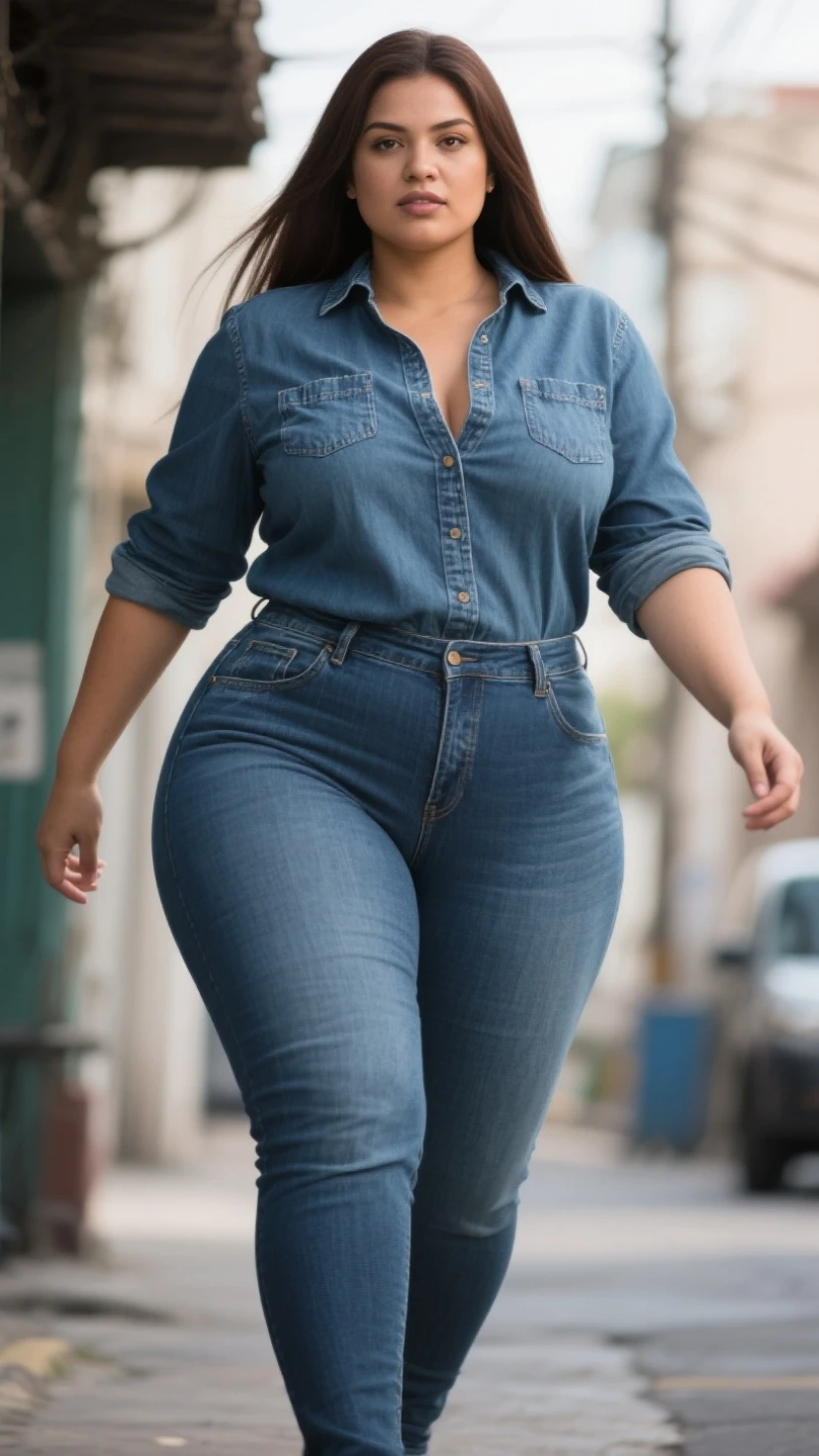 a beautiful 50-year-old Latin woman, dressed in casual clothing, with a beautiful and voluptuous body, the clothes she wears outline and highlight her body, tight jeans
