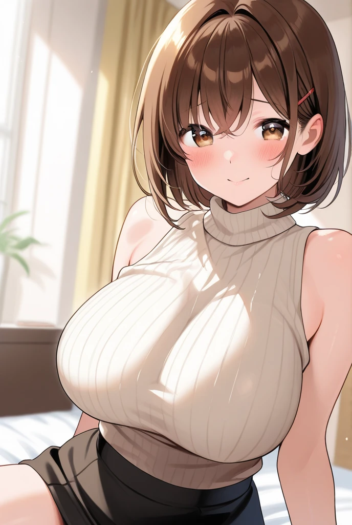 ((masterpiece)), ((best quality)), ((ultra detailed)), ((mature female)), short wavy hair, blunt bangs, brown hair, tareme, large breasts, ((photograph)), beautiful detailed face, detailed eyes, (japanese room), (plain t-shirt), surprised, blush, parted lips, upper body, from front