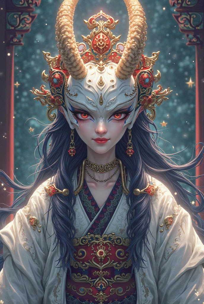 3D young and handsome((Male aristocracy))Close-up - portrait with a crown,Wear a ram skull。Beautiful and complex Japanese crow, Fox mask and breadcrumbs Japanese kimono。a betta fish, jellyfish pheonix, Bio-luminescence, Plasma, icey, Eau, ventania, organism, Wu Ya and WLOP and works by Bippel and Greg Rutkovsky, creature00d, (Amber theme:0.7), mtu, mathematician,