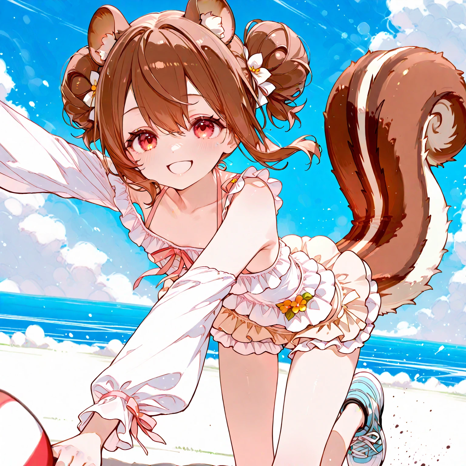 A cute little lowteen anime girl, short brown wavy hair, id shot, anime style, big shiny brown eyes, fox ears, 11 years old, summer, swimsuits,seaside,smile
