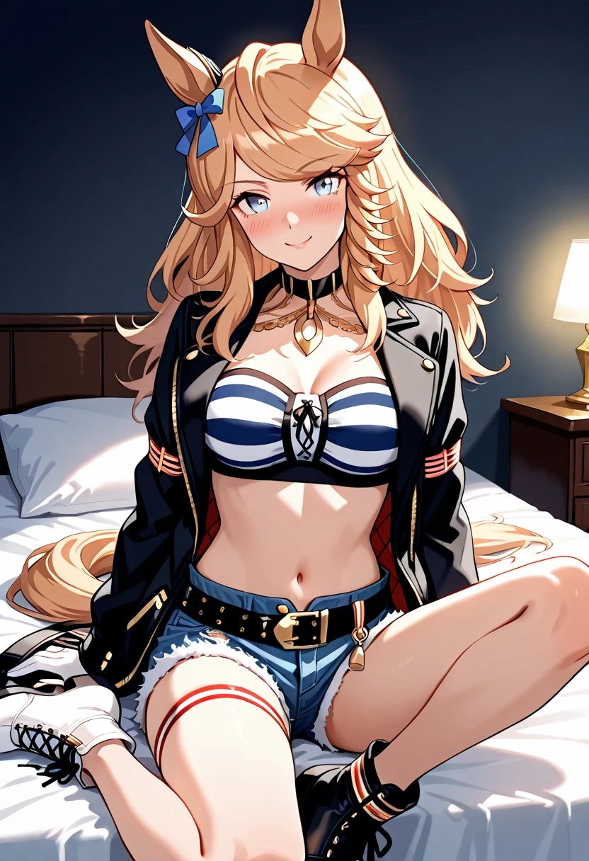 One beautiful woman, beautiful anime face, blonde, tall, long hair, smile, black police hat, white tank top, navel showing, side showing, torn denim shorts, crotch emphasis, spread legs, bedroom, super high quality