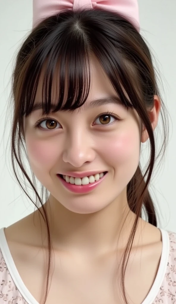 Portrait of a Japanese high school girl from the chest up。Her straight black hair is shoulder length、Bangs reach the eyebrows。Each and every hair is drawn in detail、Has a natural shine、It appears shiny where light hits it。

Facial detailsにこだわった描写。Her skin is healthy and、Even the pores and fine hairs are delicately expressed.。The cheeks have a natural pale pink color.、Fine freckles are visible。Her forehead has tiny wrinkles、I can see the facial wrinkles that appear when I smile。

The big brown eyes、The iris pattern is depicted in detail.、The pupil is clearly visible in the center。The light from the window is reflected in her eyes、The reflection of the light gives the eyes a little sparkle.。Thin blood vessels are visible in the whites of the eyes around the pupils.、It&#39;s becoming more realistic。Her eyelashes are long、Each piece is carefully drawn。Eyebrows in a natural shape、The flow of hair is clearly visible。The small unevenness of the skin between the eyebrows、Even the fine wrinkles around the eyes are depicted in detail.。

A small, high nose、I see a slight reflection of light on my nose、The shape of the nostrils is also drawn naturally.。鼻の周りのSkin Textureがリアルに表現されている。High cheekbones accentuate the contours of the face、The smooth curves of the cheeks are drawn.。

The mouth of a bright smile、I can see my pure white teeth。Lips are naturally pink、The texture and shine of the lips are realistically expressed.。There is a subtle shadow around the edge of the lips.、It has a three-dimensional effect。The surface of the teeth reflects subtle light.、The gums are a natural, healthy pink color.。

The smooth jaw and face line are beautifully shaped.、There is a slight shadow under the chin、The boundary with the neck is drawn naturally.。The fine muscle lines are visible on the neck.、Gives a healthy impression。

She is wearing a white blouse and a navy blue sailor uniform.、The uniform has a neatly tied red ribbon on the collar.。The texture and wrinkles of the clothing&#39;s fibers are also depicted in detail.。The background is a simple light color gradient.、It highlights her face and her clothes.。The natural light casts soft shadows on her face and clothing.、The light gives warmth to the skin。Facial details、Reflection in the eyes、Hair luster、Skin Texture、To the gloss of the lips、Everything is detailed down to the last detail.。