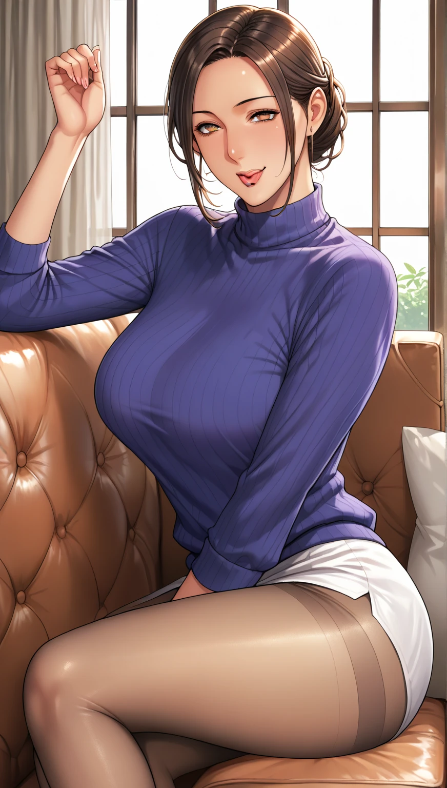 (((Sexy bust accent:1.75)))、(((Sexy Knee High:1.35)))、((((Sexy crotch accent:1.35)))、((((Spread your legs wide、Touching the thigh、There is a lot of pubic hair、large pointy breasts))))、((Boyfriend and girlfriend having sex in missionary position:1.5))、((Sexual pose:1.5))、((Spread legs POV:1.5))、、Browsing Caution、(Humans are biologically correct、reference) 、 lose extra limbsslim limbsextra numbersmutated hands and finger fusionfingersslim bad handslong necklong body anatomybad deformationbad deformation no extra breasts、Not Futanari、/(Modern home interior/), Only one female, Mature Woman, /(blue ribbed Sweater/), bangs, A gentle blushing smile, (Masterpiece Top quality:1.2) Delicate illustrations, super detailed, Large Breasts、((Sweat,vapor,Vulgarity))