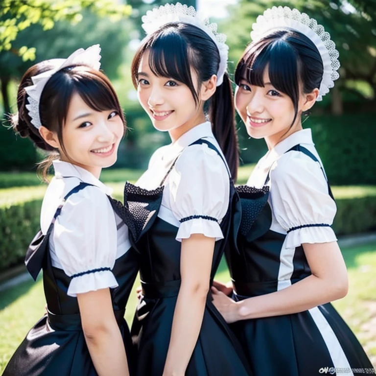 (Three Sisters、Maid's Headband、belly button、is、Black Hair、Big Ass、In the living room、The clothes are see-through、bottomless、white bra with frills、White string panties、thong)、Extremely sexy、Glamorous Body、smile、Professional Lighting、Beautiful adult woman、Captivating thighs、Very large breasts、Cleavage、Are standing、Beautiful teeth alignment、
