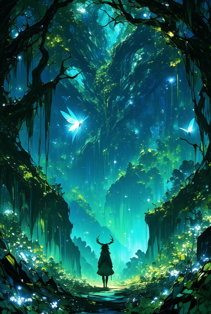 best_quality, event_CG, SSR, UR, very_detailed, A magnificent faily landscape, scenely, forest glowing by fairly lights, bioluminescent flowers, Ethereal fairies with delicate, iridescent colors casting a magical glow, atmosphere is tranquil and dreamlike, (little_silhouette_girl_with_elk_horn), fairy-tale world where nature, BREAK  detailed digital painting, a beautiful art illustration, moody cartoon scene, illustration HD wallpaper 4k, CG, 16k, Illustrated in a thick line drawing, dynamic_painting, gentle watercolor, absurdres