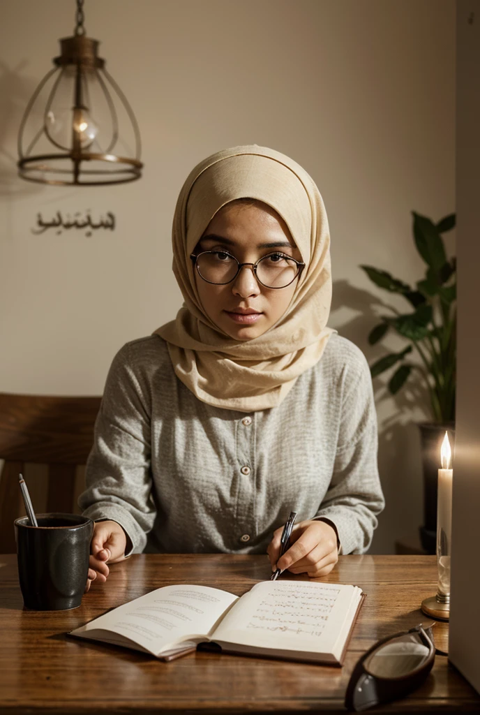 A young malay woman wearing glasses and hijab, sitting on the floor at the kitchen, detailed photo, high resolution photo, portrait photo, epic realism