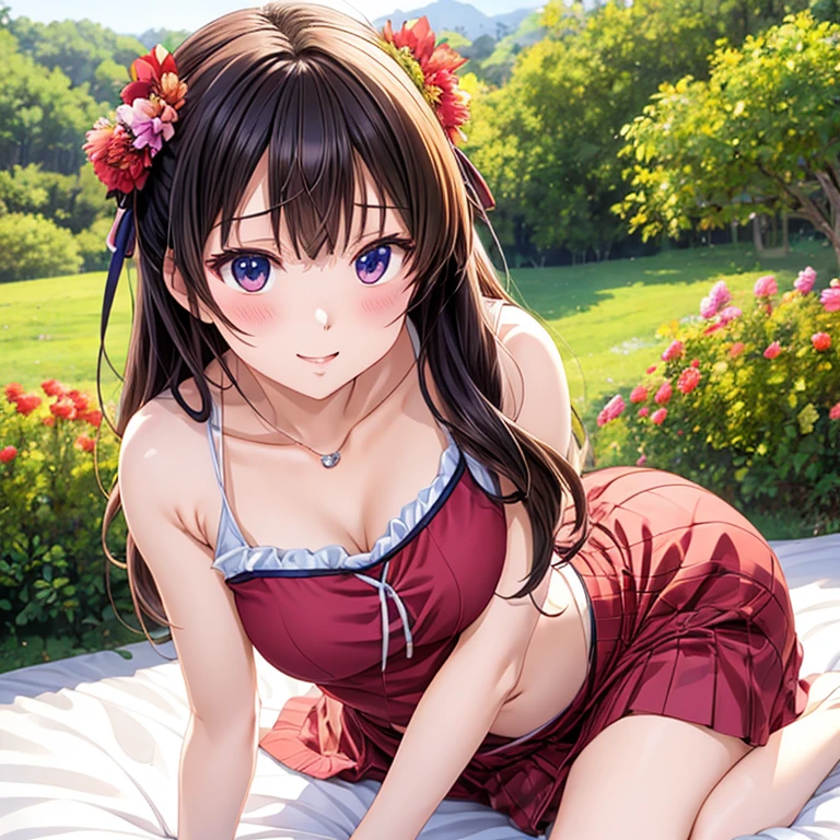 Reimu Hakurei, (Brown eyes:1.5), Brown Hair, bow, hair bow, Hair Tube, Long Hair, red bow, Side Lock,Bed、
Blake Ascot, (((Cute white bra、Cute white panties)))、
BREAK Watch Viewers,blush、Surprise face、
Outdoor rest, shrine,Cowboy Shot,Smile Break (masterpiece:1.2), Highest quality, High resolution, unity 8k wallpaper, (figure:0.8), (Beautiful attention to detail), Highly detailed face, Perfect lighting, Highly detailed CG, (Perfect hands, Perfect Anatomy),Dynamic pose,