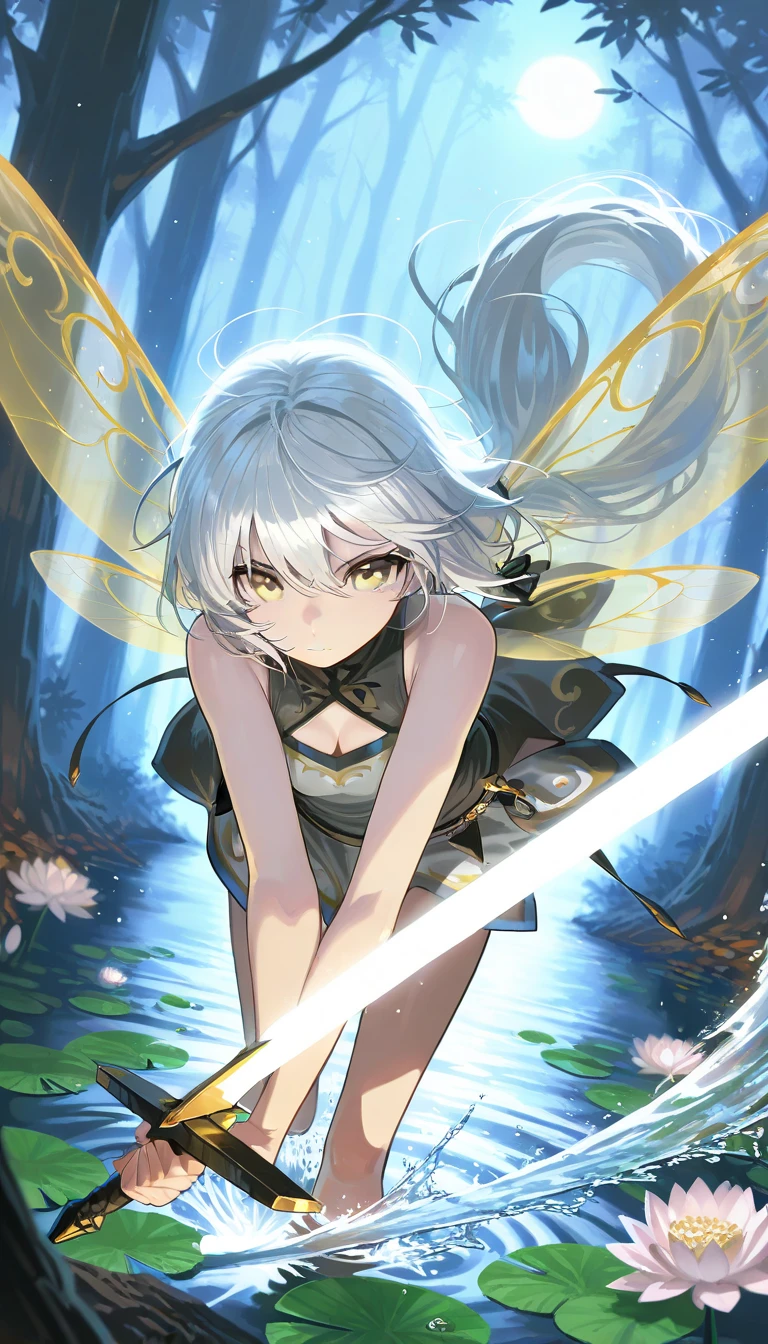 konpaku_youmu_touhou, normal ears, human ears, sshort_hair, ribbon, hairband, black_hairband, hair_ribbon, black_ribbon, bangs, white_hair, vest, blue_eyes, green_vest, sword, katana, hitodama, bow, blush, black_bow, grey_hair, white dress, hat, sailor collar, (masterpiece:1.1)intricate eyes,beautiful detailed eyes,symmetrical eyes,(deep blue eyes), (glowing eyes:1), glowing eyes,((((lustrous skin:1.5,tanned skin,bright skin: 1.5, shiny skin,shiny body,Reflective skin)))),(detailed face)),beautiful detailed lips, cute,opulent,sumptuous,(centered,scale to fit dimensions,Rule of thirds), (ultra detailed,extremely detailed),(photorealistic artwork:1.37),(extremely detailed CG unity 8k wallpaper),(((vibrant colors,vibrant theme))),(intricate),(masterpiece),(best quality),