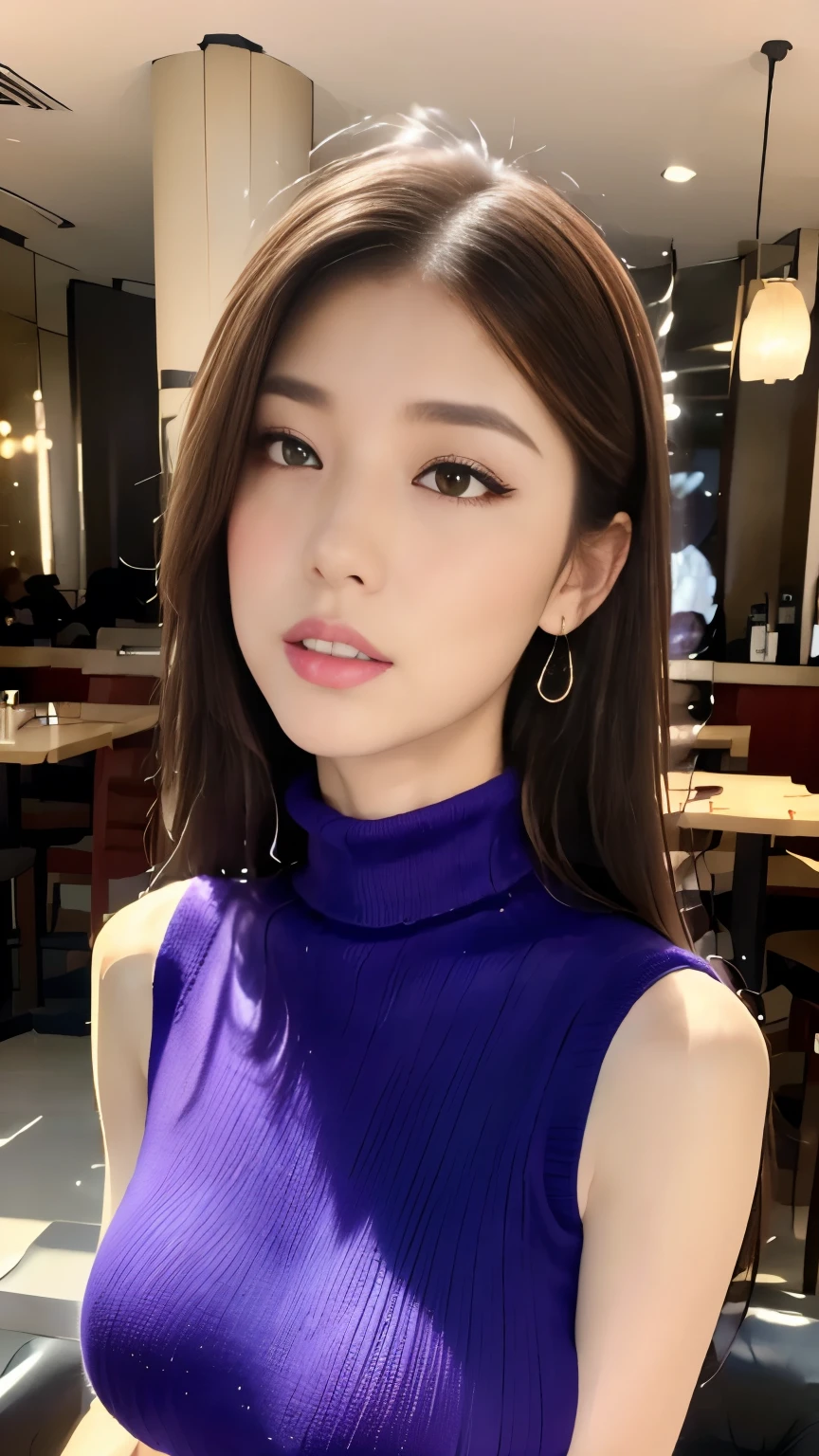 (((Violet Sleeveless Turtleneck Knit Dress:1.2)))、(A pure and elegant girl)、(Cowboy Shot:1.2)、(Focus on face and chest)、Big Breasts、(Luxury:1.2)、From above、(Straight Hairstyles、brown hair、Medium Long Hair)、Highly detailed face and skin texture、Detailed eyes、double eyelid、Pale Cheeks、 Small shiny necklace and earrings、glossy lips:1.4、Pure white skin:1.2、((Big Breasts:1.2))、Close your eyes and ask for a kiss:1.2
