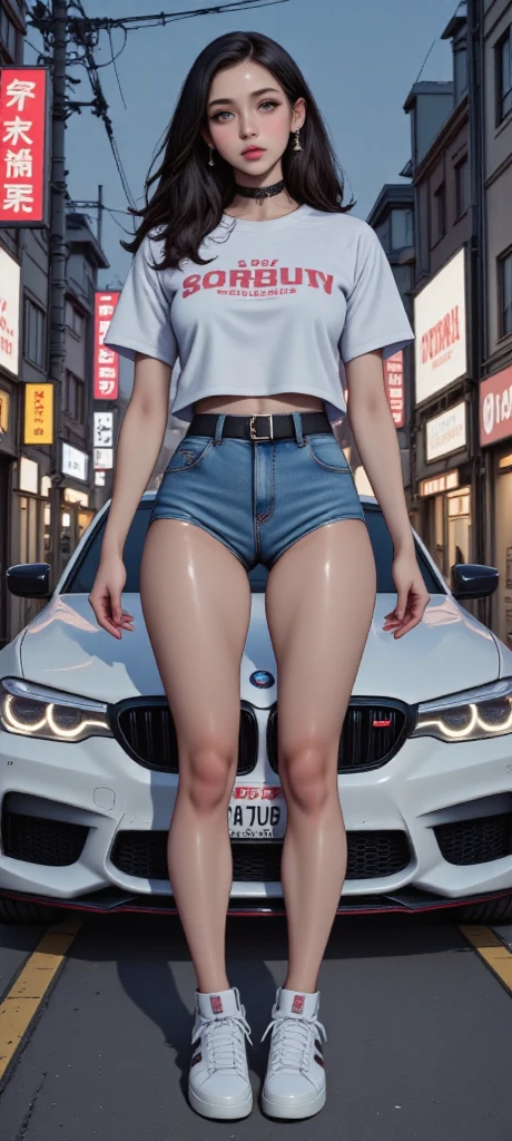 (Masterpiece: 1.2), best quality, illustrations, pretty girls, two schoolgirls, (dark blue bloomers: 1.1) and (white gym clothes: 1.2), smile, black eyes, medium breasts, (black hair: 1.0), plump thighs, white sneakers, black high socks, (sky: 1.0), lily, car, road,