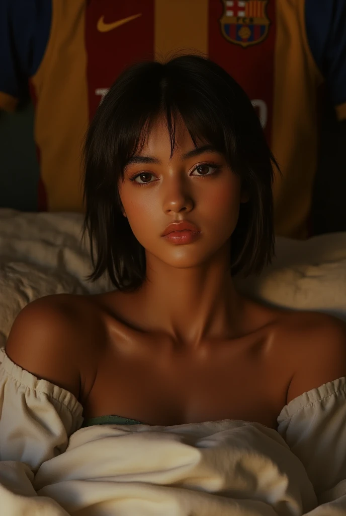 ((Best quality, 8k, Masterpiece, Ultra HD)), (((Black skin)))sitting on her back, bare back, bare shoulders, skirt, breasts, cleavage, sitting on bed, large window, waist marking, langerie, ((seen from back)), black hair, short hair, silver jewelry,