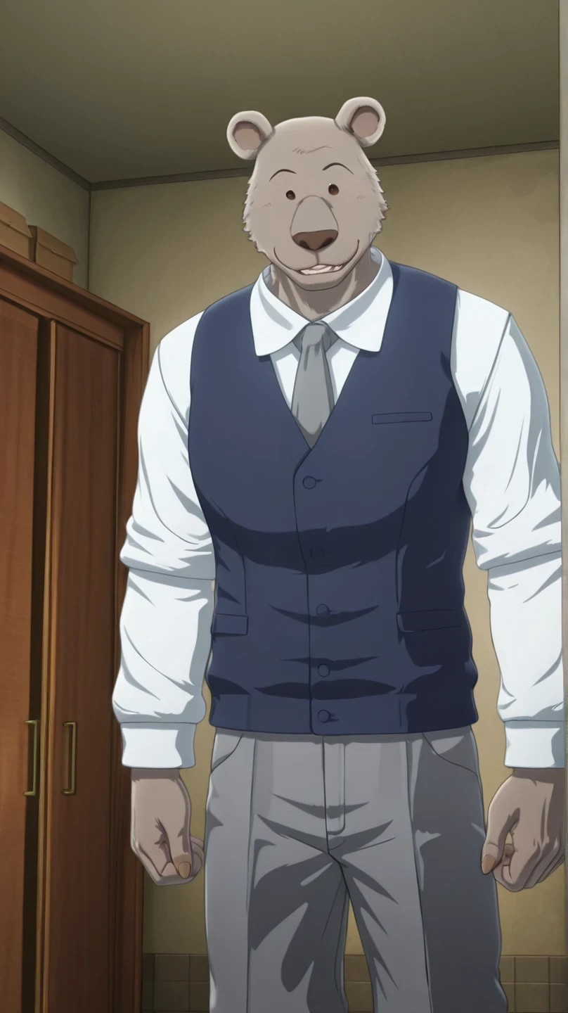 absurd res, best quality, high quality, detailed,  Riz, broad shoulders, mature male, brown eyes, athletic build, muscular male, round ears, bear, buff, gray body, blue vest, white long sleeve shirt, gray tie, standing, indoors, dorm, looking at viewer, half body, smiling